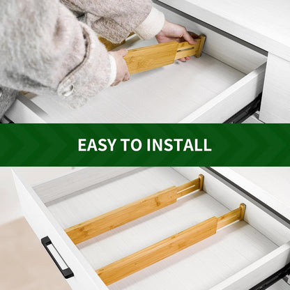 VaeFae 6-Pack Bamboo Drawer Dividers – Adjustable 14"-19.1" (Fits 15"-18" Drawers ONLY), Spring-Loaded Expandable Organizer for Kitchen, Bedroom, Office & Bathroom, MUST MEASURE Before Purchase