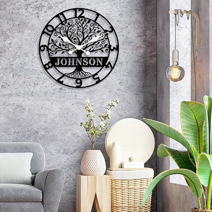 Personalized Metal Wall Clock with Tree of Life Design, Custom Family Name Clock, Decorative Steel Wall Art, Housewarming Gift, Living Room Bedroom Kitchen Home Decor