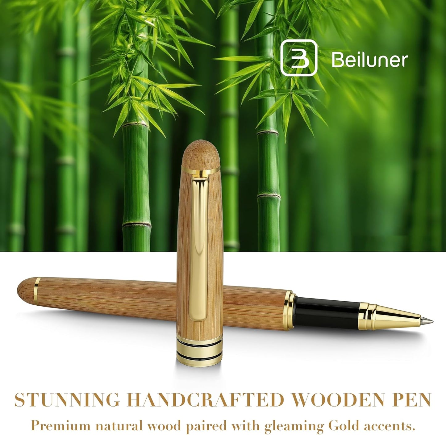 BEILUNER Luxury Wood Ballpoint Pen Writing Set,Bamboo-Elegant Nature Nice Gift Pen Set for Signature Executive Business Office Fancy Writing Supplies - Christmas Gift Boxed with Spare Refills (Black)