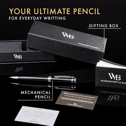 Wordsworth and Black Mechanical Pencil Graphite Lead- Stunning Luxury Metal Pencil, Black Lacquer Chrome Finish, 0.7mm Led, Best Gift Set for Men & Women, Professional Executive Office Pencils