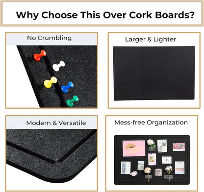 48"x36" Large Bulletin Board for Wall | Foldable Felt Notice Board with 30 Push Pins | Self-Adhesive Message Board for Office, Home & Classroom Decor (Black)