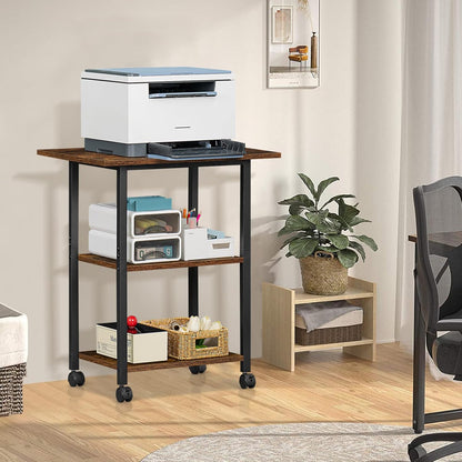 Lerliuo 3-Tier Printer Stand, Industrial Mobile Printer Table with Storage Shelf and Steel Frame, Rolling Printer Cart Holder with Lockable Wheels for Home, Office (Brown)