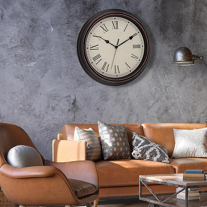 Foxtop 14 Inch Roman Numerals Wall Clock Battery Operated Silent Non-Ticking Round Classic Vintage Retro Wall Clock Decorative for Living Room Kitchen Home Office (Bronze)