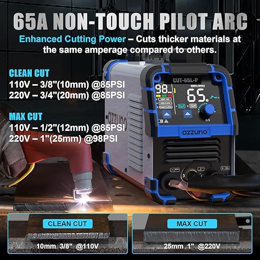 AZZUNO Plasma Cutter 65Amps, Non-Touch Pilot Arc, 110/220V Dual Voltage Large LED Display Plasma Cutting Machine, IGBT Inverter Air Sensor Technology, Max Cut 1" Plate/Mesh Cutting