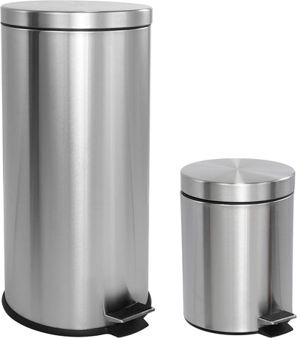 happimess HPM1000A Oscar 8-Gallon Step-Open Trash Can with Free Mini Trash Can, Modern, Fingerprint Proof for Home, Kitchen, Office, Large:7.9 Gallon Small:1.3 Gallon, Stainless Steel
