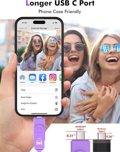 MOSDART 512GB USB3.1 Fast Speed C and A Dual Flash Drive, exFAT Memory Stick with Keychain and LED Indicator, for iPhone 15,16,17, Android Phone, iPad, MacBook, and Other Laptops, Purple