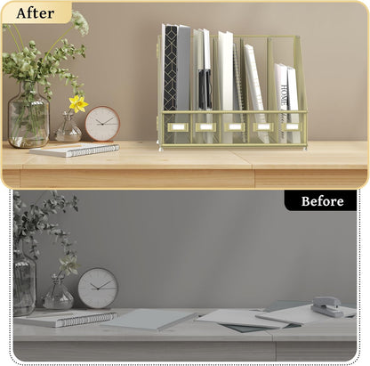 SUPEASY Desk Organizers Metal Desk Magazine File Holder with 5 Vertical Compartments Rack File Organizer for Office Desktop, Home Workspace, Golden Yellow