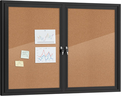 48"x34" Enclosed Bulletin Board, Outdoor Lockable Weather-Resistant Aluminum Cork Noticeboard for School & Office, Black Frame w/Cork