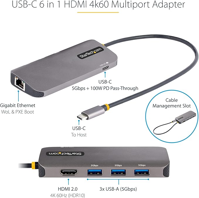 StarTech.com 6-in-1 USB-C Hub for Monitors, 4K 60Hz HDMI Video, HDR10, Gigabit Ethernet, USB 5Gbps Hub, 100W Laptop Charging with Cable Management for MacBook M1 M2 M3 M4 and Windows