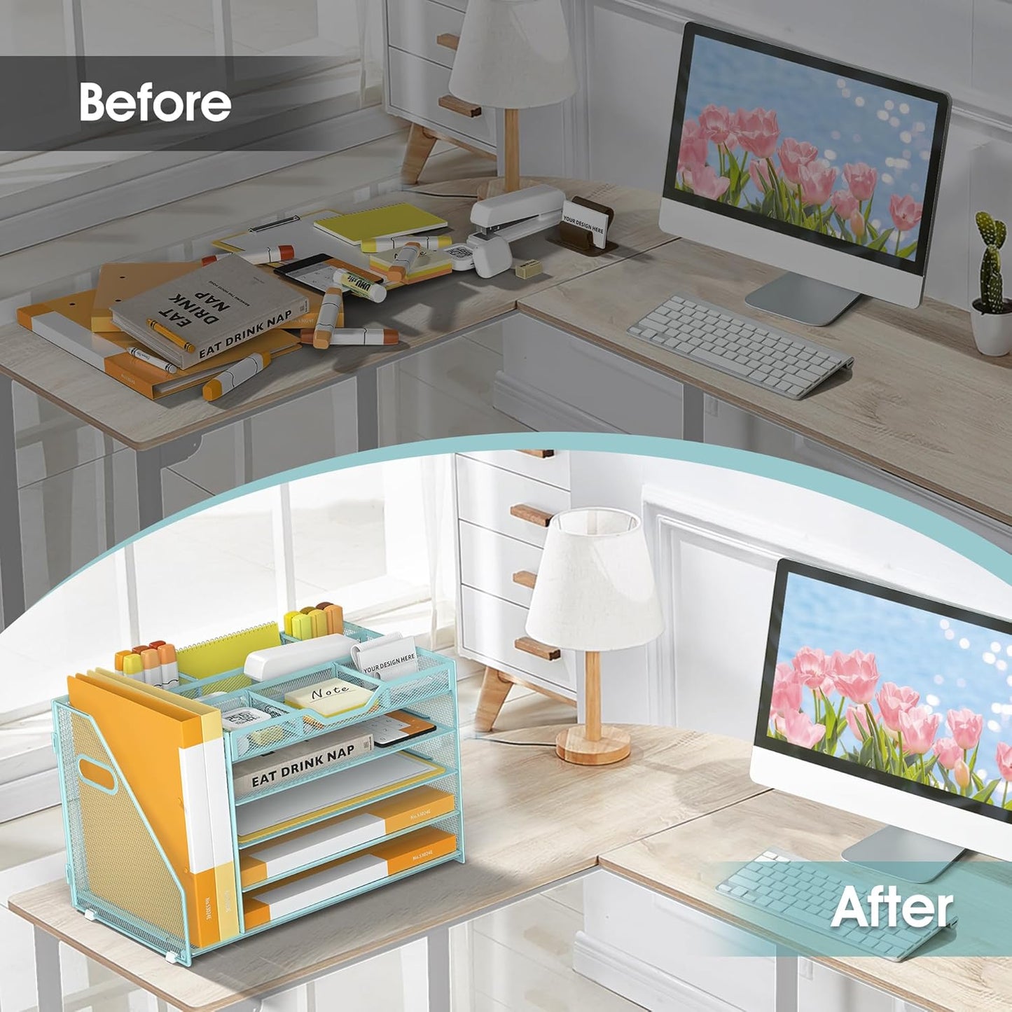 5 Tier Paper Letter Tray with File Holder and 3 Drop-in Pen Holders, Mesh Desk File Organizer with Handle, Desk Organizers and Accessories for School,Home, Office Supplies Storage-Blue