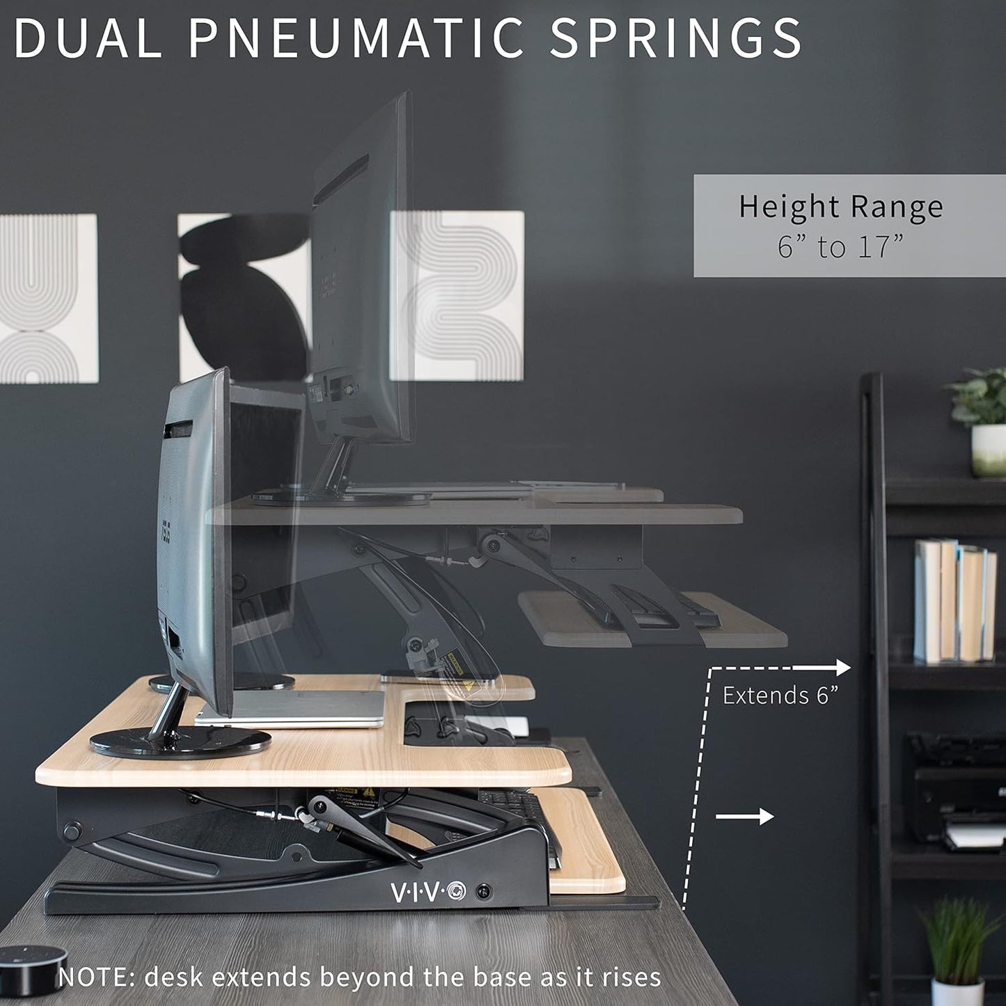 VIVO 42 inch Height Adjustable Stand Up Desk Converter, V Series, Quick Sit to Stand Tabletop Dual Monitor Riser Workstation, Light Wood Top, Black Frame, DESK-V000VLO