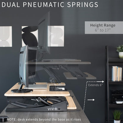 VIVO 42 inch Height Adjustable Stand Up Desk Converter, V Series, Quick Sit to Stand Tabletop Dual Monitor Riser Workstation, Light Wood Top, Black Frame, DESK-V000VLO