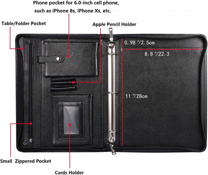 Professional Leather Business Padfolio Portfolio Case, 3 Ring Binder,Zippered Business Document Organizer Tablet Holder Folder Case,with Letter Size Notepad (black)