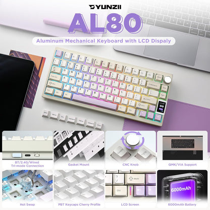YUNZII AL80 Wireless Mechanical Keyboard,Full Aluminum CNC, Smart LCD Display,Hot Swappable Gasket Mount 75% Layout with Knob,BT/2.4G/USB-C,QMK/VIA Support for Win/Mac (Beige, Cocoa Cream V2 Switch)