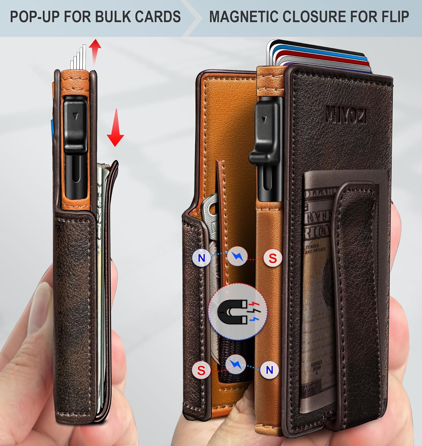 Wallet for Men with Money Clip Coins Pocket ID Window Gift Boxed,Slim Smart Front Pocket RFID Blocking Wallet Pop-up Card Holder in Magnetic Leather Flip 3.9"x 2.7"