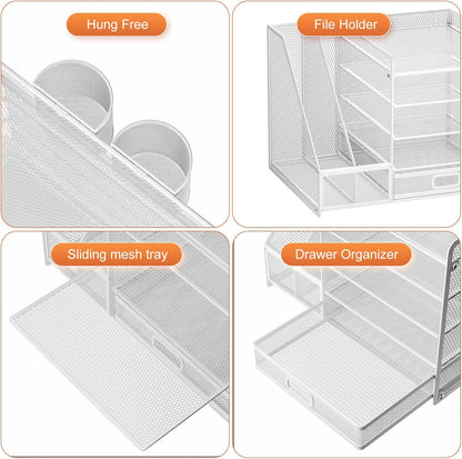 Marbrasse Desk Organiser with File Holder, 5-Tier Paper Letter Tray Organiser with Drawer and 2 Pen Holder, Mesh Desktop Organizer and Storage with Magazine Holder for Office Supplies(White)