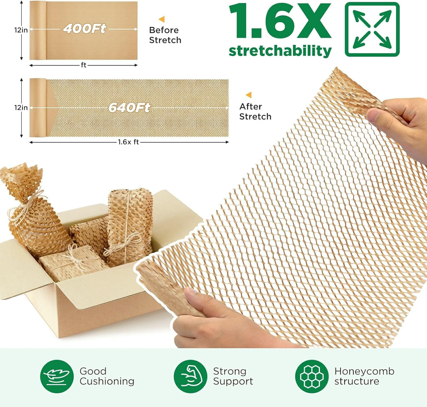 Honeycomb Packing Paper, 12"x400' Brown | Perforated Honeycomb Packing Paper Recyclable Moving Supplies for Shipping & Moving | Plastic-Free Alternative to Bubble Cushion Wrap with 36 Fragile Stickers