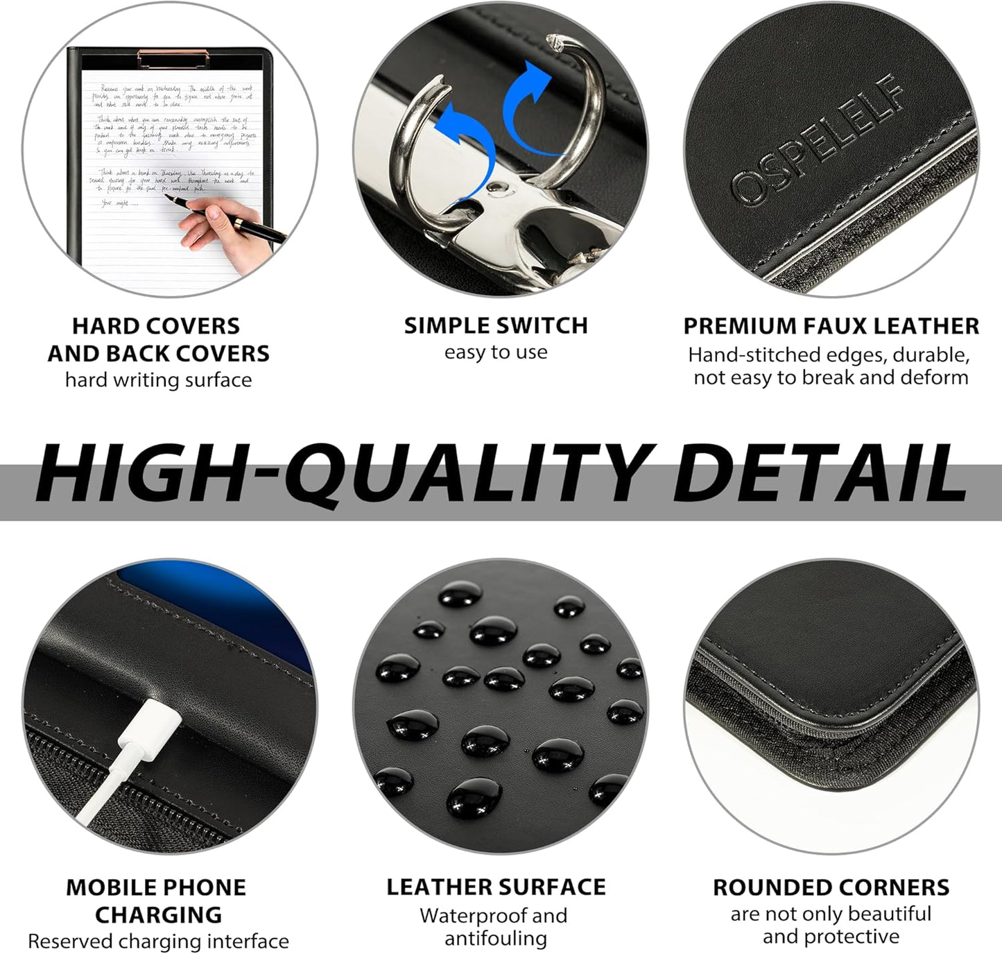 Leather Clipboard with Storage, Zippered Padfolio Portfolio Organizer, 3 Ring Binder 1 Inch, Notepad, Tablet Sleeve, 5 Dividers with Pocket, Stickets for Office, Nurses, Students, Teachers Black