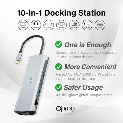 Opro9 10-in-1 USB C Hub Multiport Adapter, Laptop Docking Station Dual 4K HDMI / 1080P VGA, USB 3.0, PD 100W, Gigabit Ethernet, SD/TF Card Reader, 3.5mm Audio Jack, for Windows & MacBook PC, Laptops