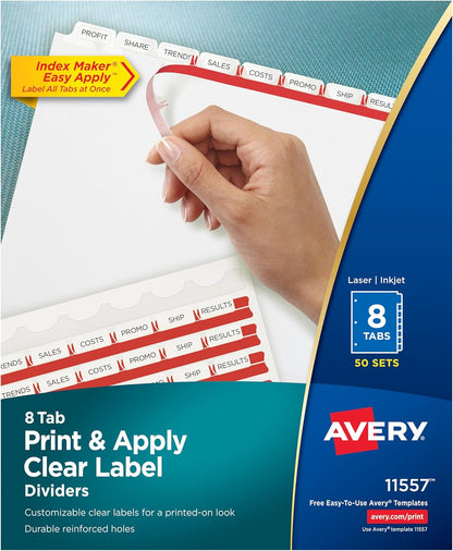Avery Print & Apply Clear Label Dividers, Index Maker Easy Apply Printable Label Strip, 8 White Tabs, 50 Sets, Case Pack of 2 (11557)