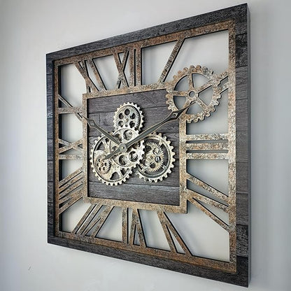 ImprovingLife The Gears Clock 24'' Inch Square Real Moving Gear Wall Clock Vintage Industrial Oversized Rustic Farmhouse (Carbon Grey)