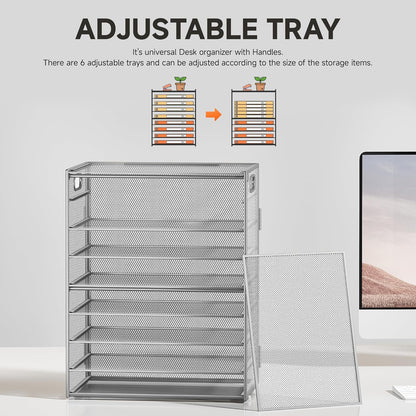 SUBEKYU 9 Tier Paper Organizer for Desk - Metal Mesh Letter Tray File Paper Sorter Organizer Include 6 Pcs Adjustable Height Slid Tray with Handles for Office School Home Organization Storage, Silver