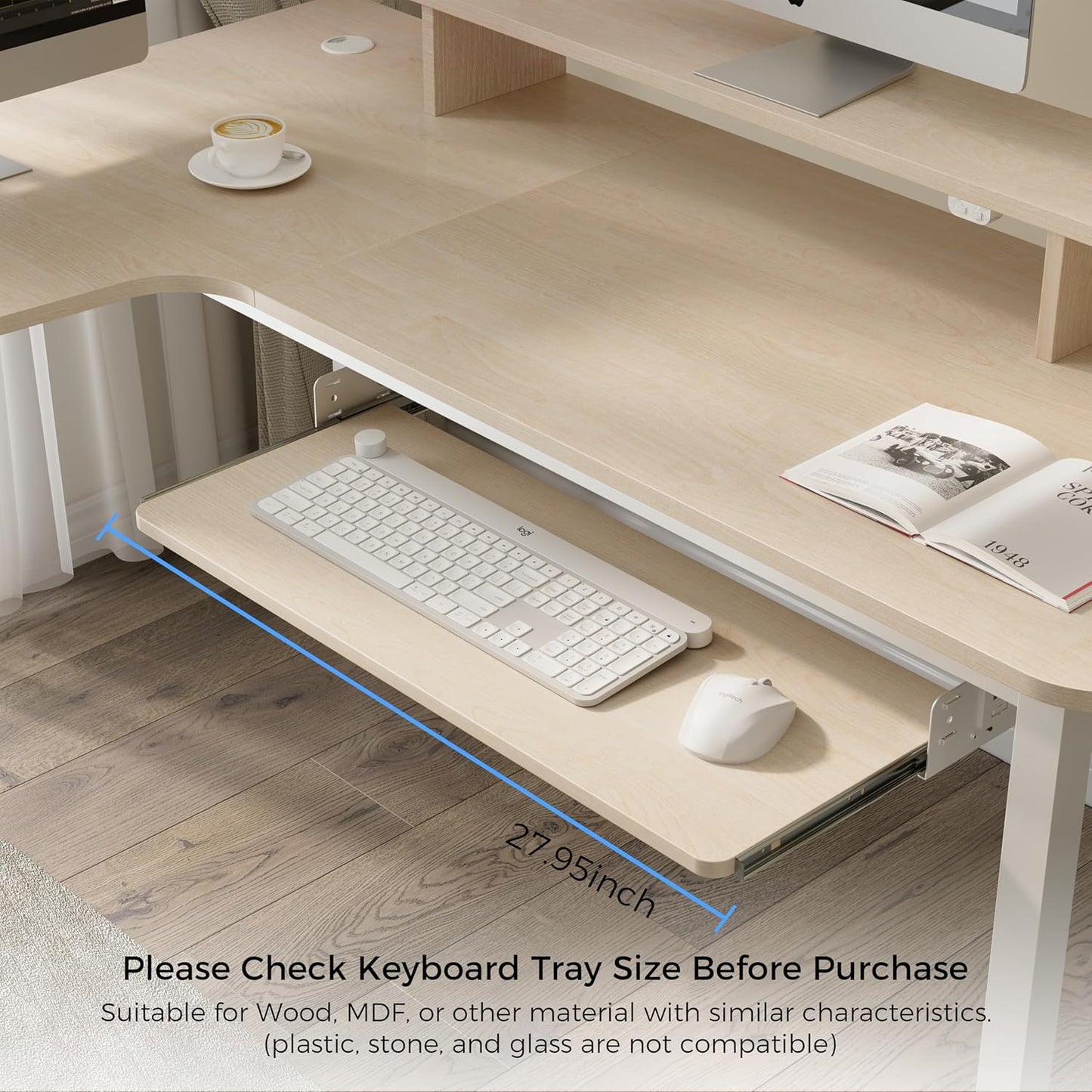 EUREKA ERGONOMIC Adjustable Keyboard Tray Under Desk, 28x11 Inch Large Slide Out Keyboard & Mouse Platform Tray, Wooden Pull Out Computer Keyboard Drawer for Typing Home Office Desk, Maple