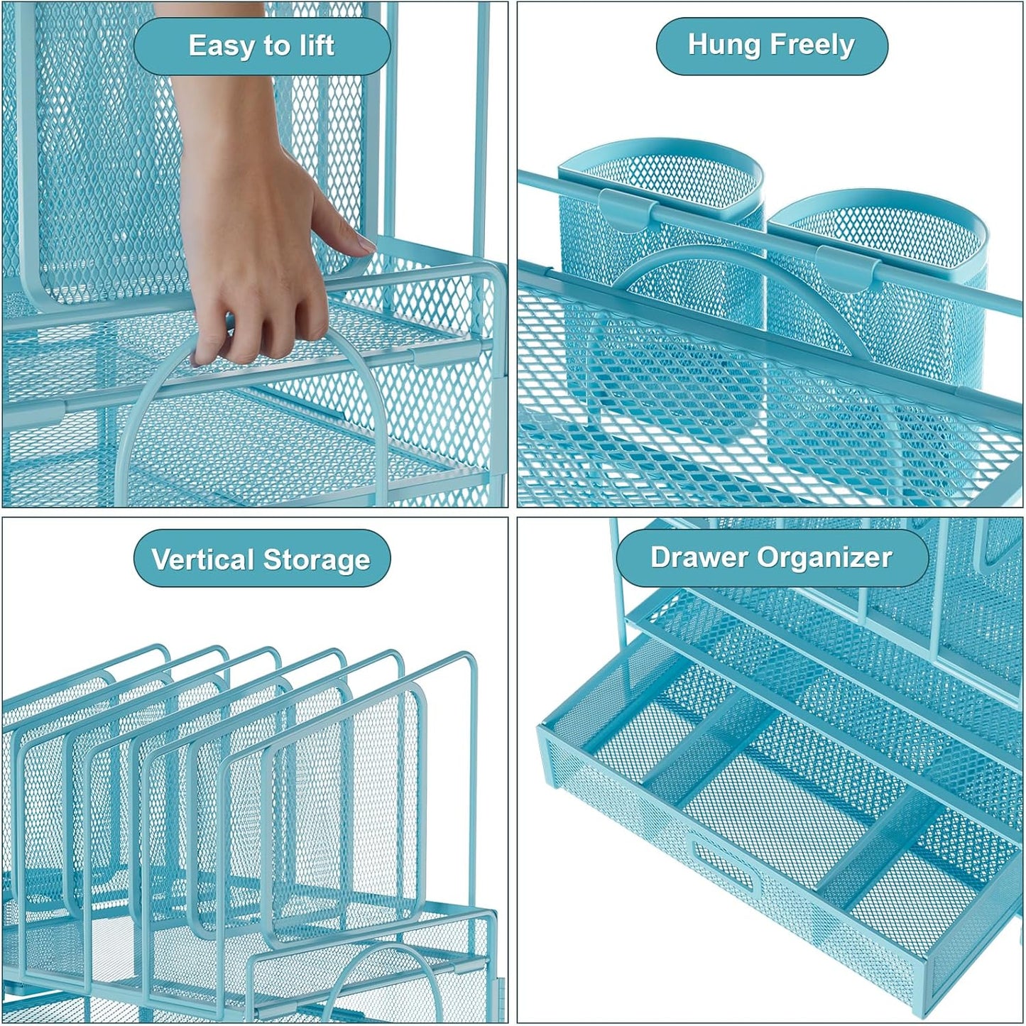 Marbrasse Desk Organizers, 4-Tier Mesh Desk File Organizer with 5 Vertical File Holders and 2 Pen Holders, Multifunction Desktop Organizer,Desk Organizers and Accessories for Home Office (Blue)