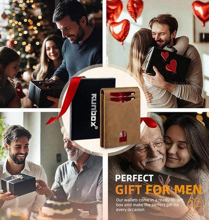 RUNBOX Wallet for Men Slim Rfid Leather 2 ID Window With Gift Box