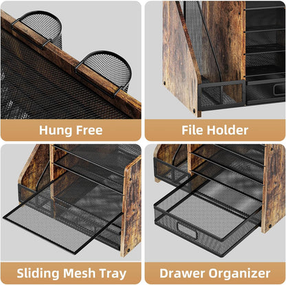 Marbrasse Desk Organizer with File Holder, 5-Tier Paper Letter Tray Organizer with Drawer and 2 Pen Holder, Mesh Desktop Organizer and Storage with Magazine Holder for Office Supplies (Wood-Brown)