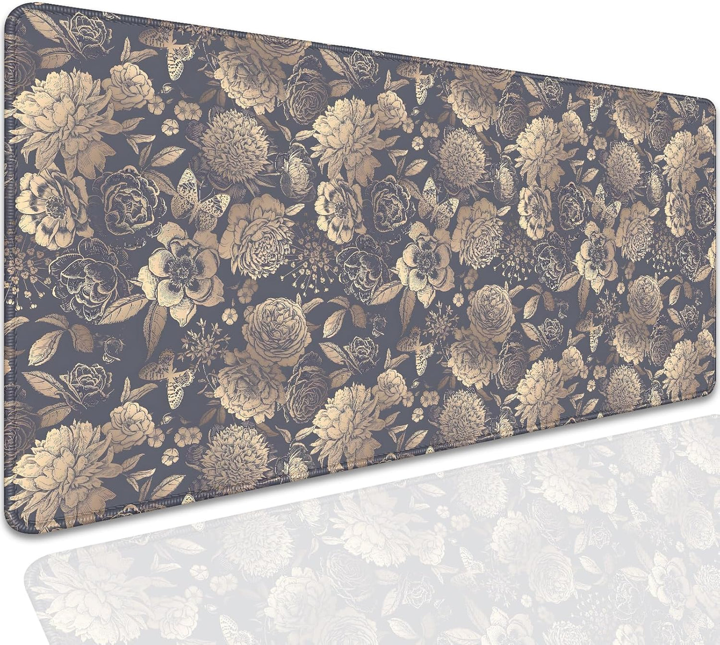 Vintage Roses and Peonies Desk Pad Mouse Pad,Dark Floral Mouse Mat with Stitched Edges,Non-Slip Rubber Base Black Mousepad for Office PC Keyboard Laptop and Home Work Desk Mat(27.5X11.8 in)