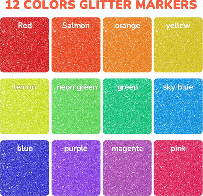 JoyCat 3mm Medium Tip Glitter Markers - 12 Vibrant Colors (Red to Pink) | 3ml High-Capacity Ink | Multi-Surface Paint Pens for Rock, Wood, Fabric, Glass | Gift for Kids DIY Crafts