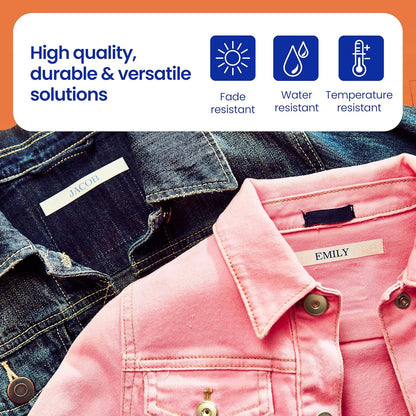 Brother Genuine P-Touch TZe, Navy Blue Print on White Fabric Label Tape (TZeFA3),1/2in x 9.8ft (12mm x 3m), for Select P-Touch Label Makers, Can be Ironed onto Virtually Any Cotton Item, Washable