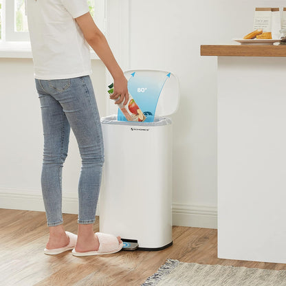 SONGMICS Trash Can with Lid, 8 Gallon Garbage Can, Stainless Steel Small Waste Bin with Step Pedal and Inner Bucket, Soft Close, Kitchen, White ULTB102W01
