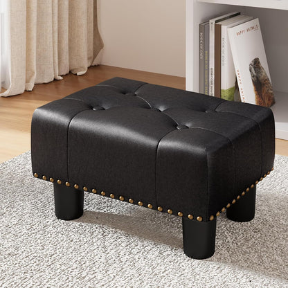 LUE BONA Small Tufted Foot Stool, Black Rivet Faux Leather Footrest with Plastic Legs, 9''H, Rectangle Foot Stools for Adult with Non-Slip Pads, Sofa Footstool for Living Room, Couch
