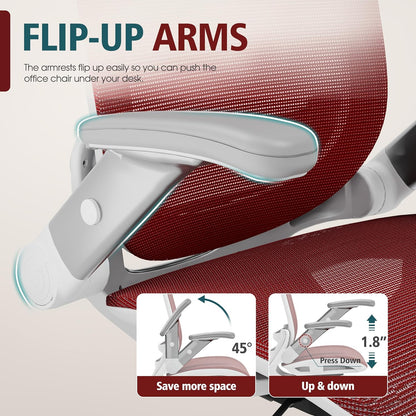 GABRYLLY Ergonomic Office Chair, High Back Home Desk Chair with Headrest, Flip-Up Arms, 90-120° Tilt Lock and Wide Cushion, 400LBS Mesh Chairs for Man Woman, White Task Chair(Red,GY01WR)