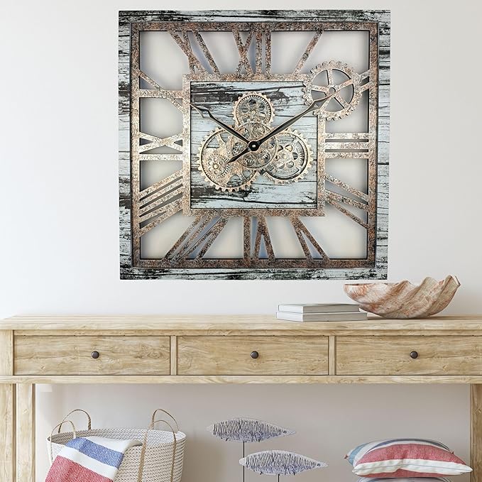 ImprovingLife The Gears Clock 24'' Inch Square Real Moving Gear Wall Clock Vintage Industrial Oversized Rustic Farmhouse (Grey and White)