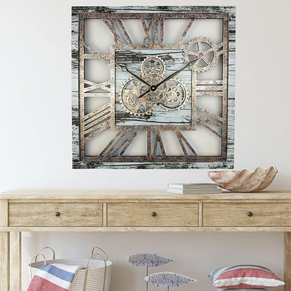 ImprovingLife The Gears Clock 24'' Inch Square Real Moving Gear Wall Clock Vintage Industrial Oversized Rustic Farmhouse (Grey and White)