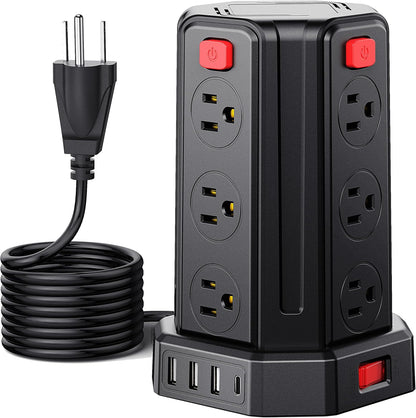Power Strip Surge Protector, 10 Ft Extension Cord with 12 AC Multiple Outlets 4 USB (1 USB C), SMALLRT Power Tower Desktop Charging Station (Black, 16.4 FT)