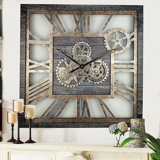 ImprovingLife The Gears Clock 24'' Inch Square Real Moving Gear Wall Clock Vintage Industrial Oversized Rustic Farmhouse (Carbon Grey)