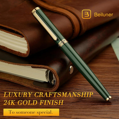 BEILUNER Racing Green Fountain Pen,Stunning Luxury Pens with 24K Gold Finish, Gorgeous 24K Gilded Nib(Medium), Fancy Pen Gift for Men&Women -Ink Converter-Christmas, Office,Fancy,Nice Pen for Writing