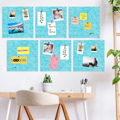 AKTOP Cork Bulletin Board 12x12, 1/2" Thick Felt Cork Board Tiles 6 Pack, Small Square Pin Board for Wall, Self Adhesive Corkboards with 60 Push Pin Wood Clips for School, Home & Office, Baby Blue