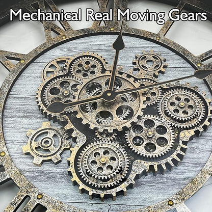 DORBOKER 27" Original Moving Gears Wall Clock, Large Industrial Wall Clock for Living Room Decor, Retro Metal Solid Wood Vintage Farmhouse Steampunk Rustic Clocks for Wall Decor,Silver Grey