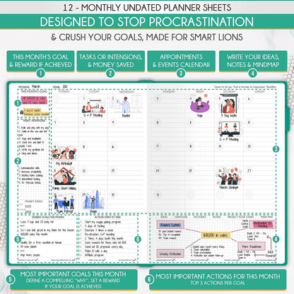 Life Planner - Undated Daily, Weekly & Monthly Planner with Budget Section | A 12 Month Journey to Increase Productivity & Happiness | Life Organizer & Gratitude Journal - Horizontal Format