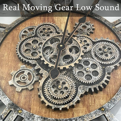 36 Inch Moving Gear Wall Clock, Oversized Wall Clocks, Clock Living Room Decor, Solid Wood Frame, Battery Operated, Large Wall Clock with Steampunk Industrial for Fireplace(Brown)