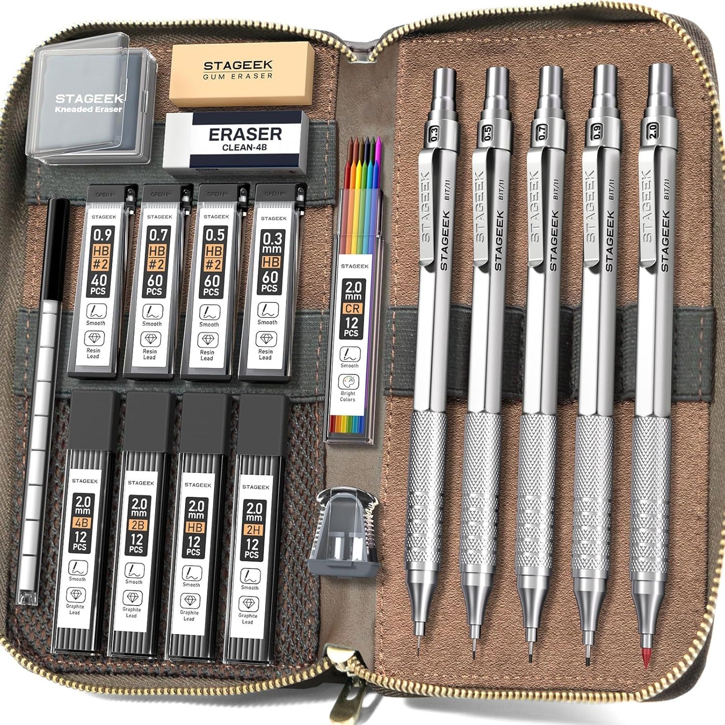Metal Mechanical Pencil Set in Leather Case, 5PCS Art Drafting Pencil 0.3, 0.5, 0.7, 0.9 & 2mm Lead Holder, 9 Tube (4B 2B HB 2H Colors) Lead Refills for Drawing, Sketching, Writing (Silver)