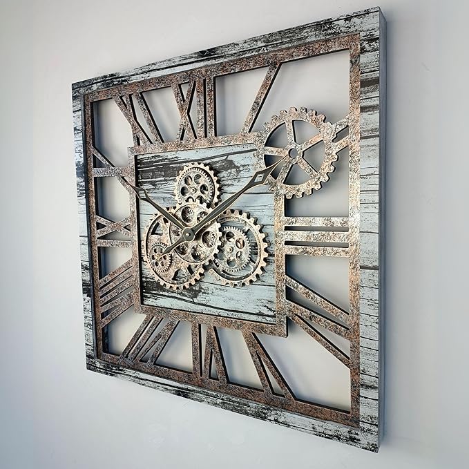 ImprovingLife The Gears Clock 24'' Inch Square Real Moving Gear Wall Clock Vintage Industrial Oversized Rustic Farmhouse (Grey and White)