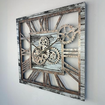 ImprovingLife The Gears Clock 24'' Inch Square Real Moving Gear Wall Clock Vintage Industrial Oversized Rustic Farmhouse (Grey and White)
