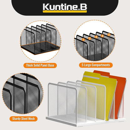 Kuntine.B Desk File Organizer Upright Mesh Desktop Organizer File Sorter Office Organization File Holder for Home, Office & Classroom (White, 1 Pack 5-Section)