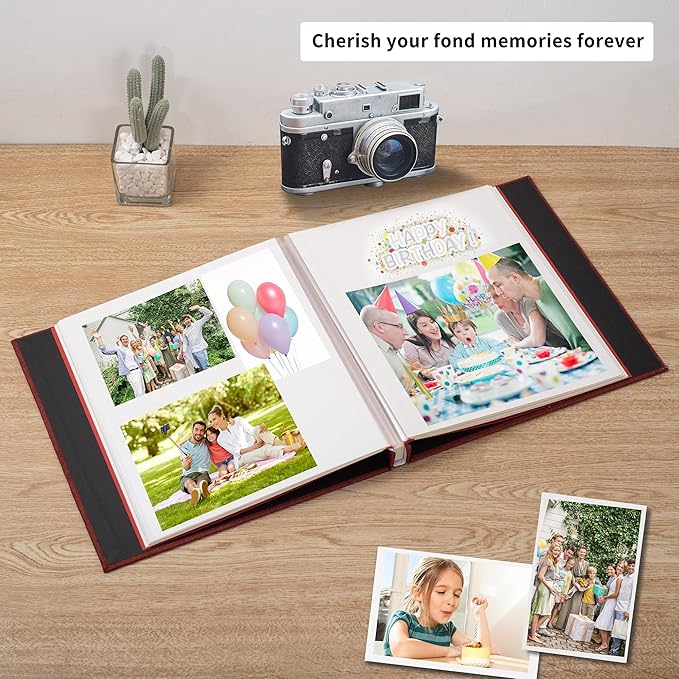 Large Photo Album Self Adhesive 4x6 8x10 10x12 13"x12.8" Magnetic Scrapbook Album 12.6"x11" Inch 40 Pages Linen Cover DIY Photo Album with A Metallic Pen and DIY Stickers(Red)